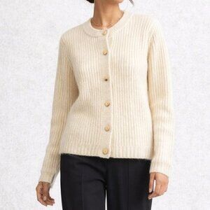 Vintage Cream Yellow Mohair Blend Cardigan Ribbed Button Sweater Coquette Chic